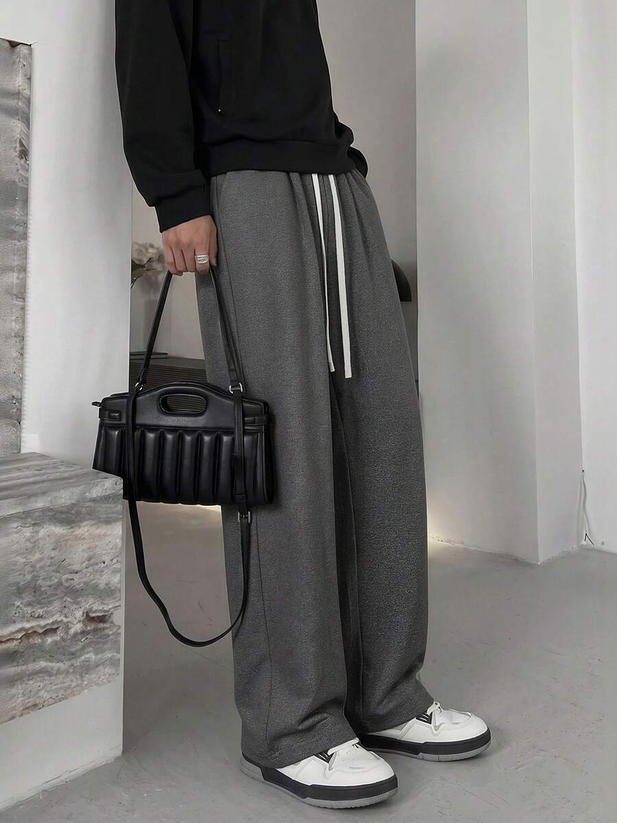 Men's Straight Leg Casual Sweatpants, Drawstring Elastic Waist, Solid Color Loose Fit, With Pockets, Long Pants - Dark Grey - View 1