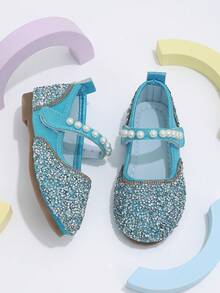 1 Pair Girls' Dual-Color Rhinestone & White Pearl Hook-And-Loop Blue Flat Shoes, Suitable For Performance And Daily Wear - Blue - View 5