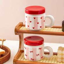 1pc 340ml/11.5oz Fashionable Pink Vertical Striped Ceramic Tea Cup With Lid And Filter, Cute Princess Style Red Heart Bow Print Porcelain Tea Infuser Mug, Suitable For Loose Leaf Tea, Coffee, Milk, Sweet Romantic Anniversary Birthday Gift Cup - Multicolor - View 8