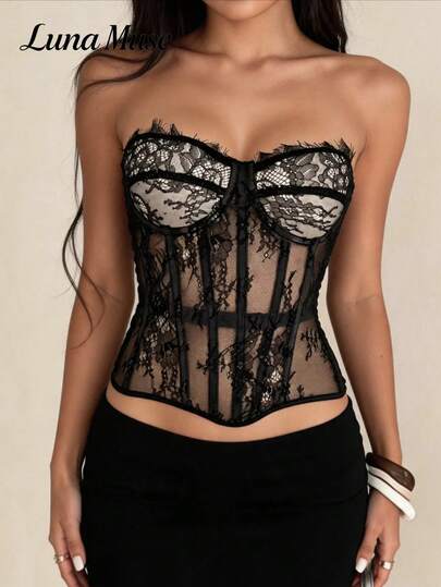 Luna Muse 1PC Bodysuit dengan Detail Cup Renda Bulu Mata Alami, Garis Tekan Tulang Ikan, Lubang Logam di Belakang, Tali Pengikat, Pakaian untuk Pesta Teh, Bandara, Panggung & Konser, Pesta Ulang Tahun, Pesta Kembali ke Sekolah, Perjalanan, Kencan Sehari-hari, Kantor, Musim Semi & Musim Panas