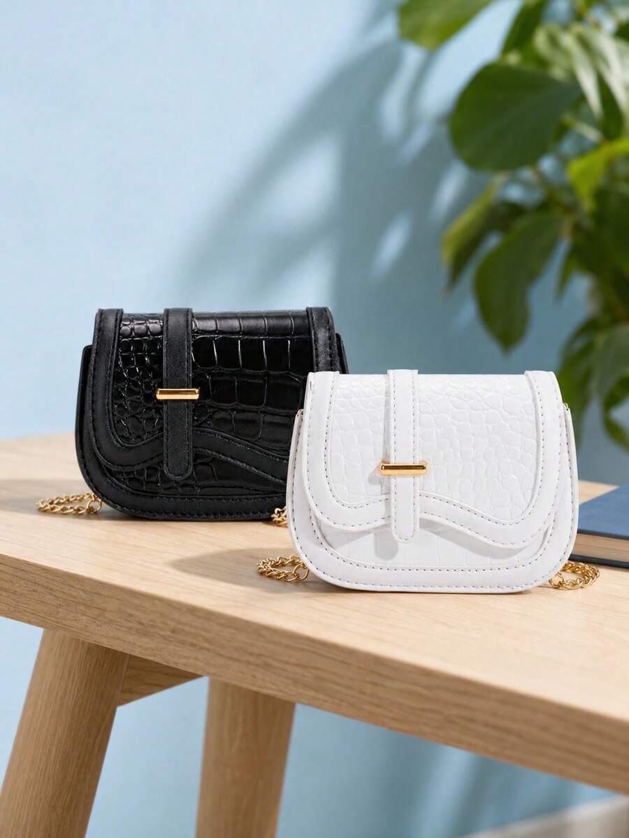 1pc Women's Minimalist Crocodile Embossed Chain Saddle Bag, Commuter Textured Versatile Crossbody Bag - M2255 - View 1