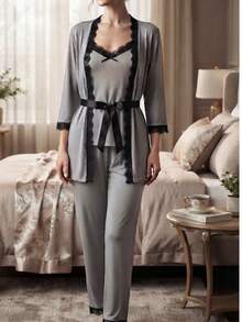 ❤️ 3-Piece Women's Lace-Trimmed Pajama Set – - Grey - View 2