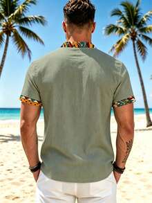 Men's Printed Short Sleeve Henley Shirt, African Pattern V-Neck Stand Collar Casual Top - Multicolor - View 4