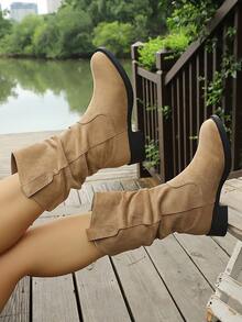 Beter26 Autumn/Winter Suede Pleated Slouch Boots Low Chunky Heel Casual Daily Wear Black Slouch Boots Khaki Slouch Boots - Khaki - View 7