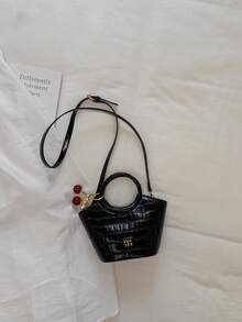 Mini Crocodile Pattern Handbag Cherry Pendant Crossbody Bag - Black - View 1