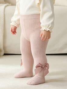 1pc Baby Girls' Bow Decor Basic Leggings, Cute & Comfortable For Outdoor Activities, All Seasons - Dusty Pink - View 4