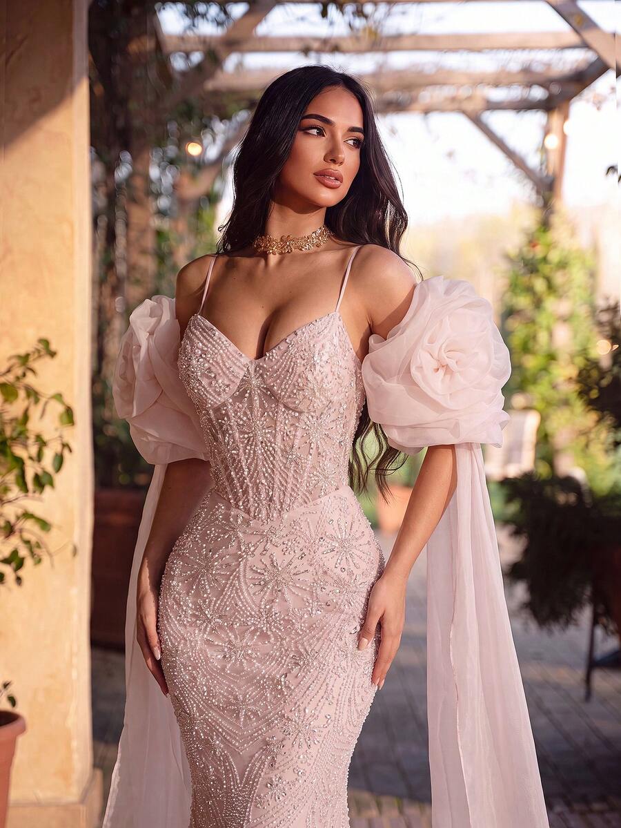 ADYCE Gaun Pesta Panjang Hingga Lantai Model Duyung dengan Hiasan Manik-Manik Bordir, Pinggang Tinggi, Aplikasi Bunga, dan Tali Pengikat di Bagian Belakang - Baby Pink - View 1