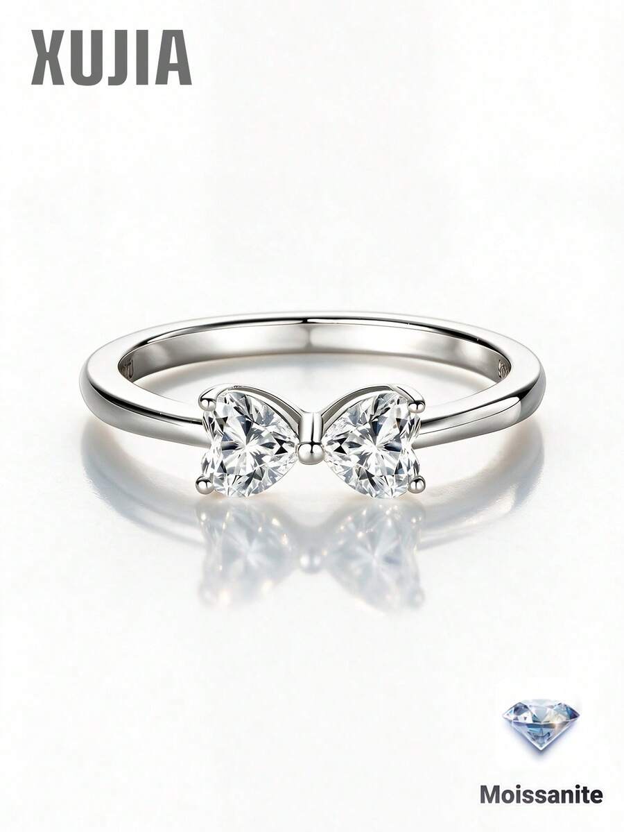 XUJIA 1PC 925 Sterling Silver Moissanite Ring For Women Bow Shaped Ring Two Heart 0.80CTW. Dainty Promise Jewelry Wedding & Anniversary Gifts