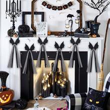 6/12pcs Gothic Halloween Sequin Bat Bows With Black & White Plaid Long Ribbon, Spooky Bat Wing Tassel Hanging Decor, Halloween Party Home Decoration, Suitable For Christmas Tree, Wreath, Garland, Window, Door, Wall Decor, Halloween Cosplay Hair Accessory - Multicolor - View 5