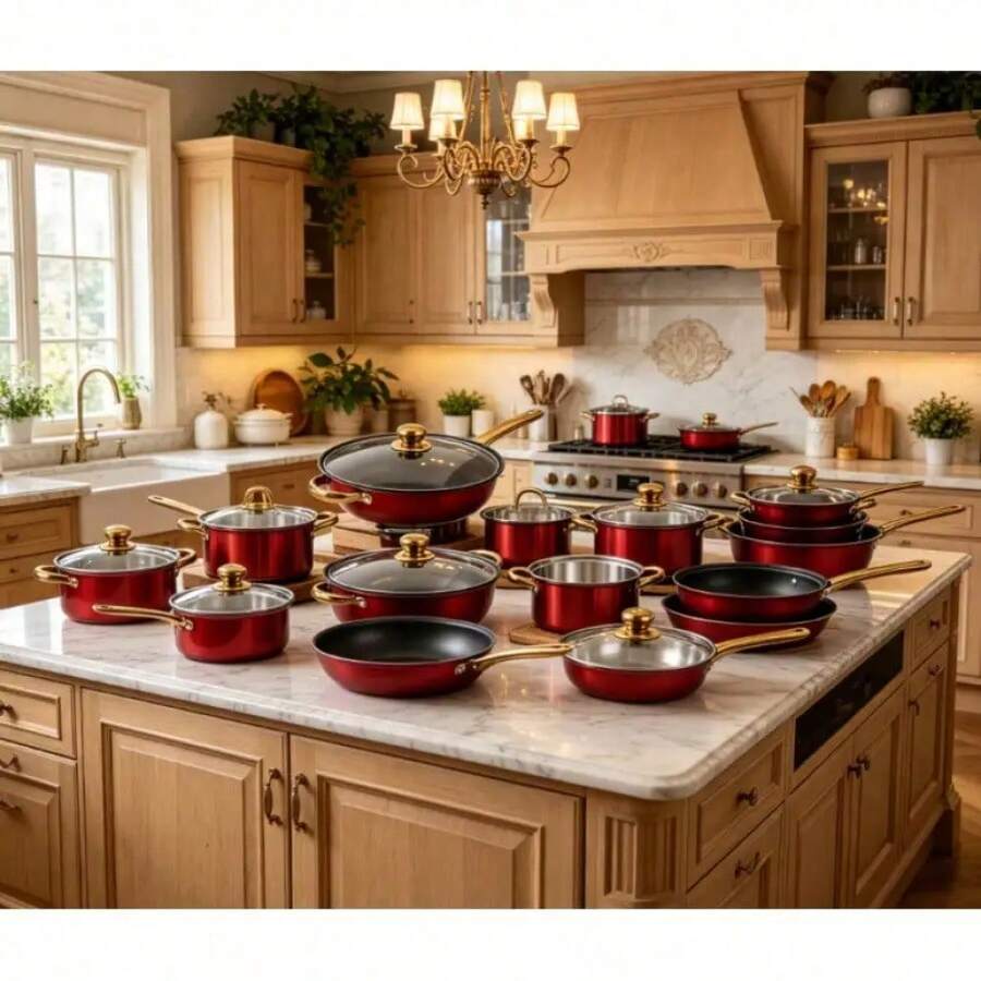 Stainless Steel Cookware Set With Nonstick Surface And Gold Handles Kitchen Pots And Pans For Frying Baking And Cooking Vibrant Wine Red Color Compatible With Multiple Heat Sources - View 1