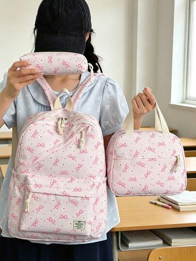 3pcs/Set Fresh Sweet Bow & Ditsy Floral Backpack Set, Multiple Colors Available, Includes Backpack, Lunch Bag, Pencil Case Matching Set. Soft Waterproof Fabric, Drawstring Zipper Design, Large Capacity Multi-Layer Storage Can Hold Books, Tablets, Stationery, Etc. Gentle School Style, Versatile For Students, Daily Commute, Short Trips, Cute Floral Girl Style Practical Set Suitable For Back To School Season