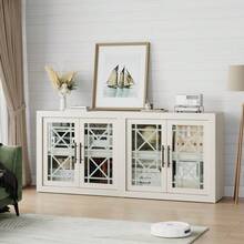 Aparador credenza blanco de 35,4 pulgadas, mueble bar y almacenaje de madera con 2 puertas de cristal, mueble auxiliar para cocina, comedor y recibidor - Blanco - Ver 4