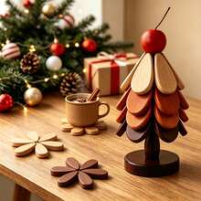 Set Alas Piring dan Tatakan Gelas Kayu Pohon Natal, Tahan Panas, Dekorasi Meja Natal untuk Rumah, Cocok untuk Bufet - View 2