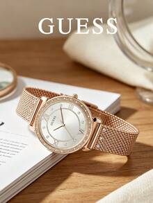 GUESS Women's Quartz Watch With Starry Rhinestone Dial, Roman Numerals, Minimalist White Face, Rose Gold Steel Band, Elegant Luxury Style - Gold - View 2