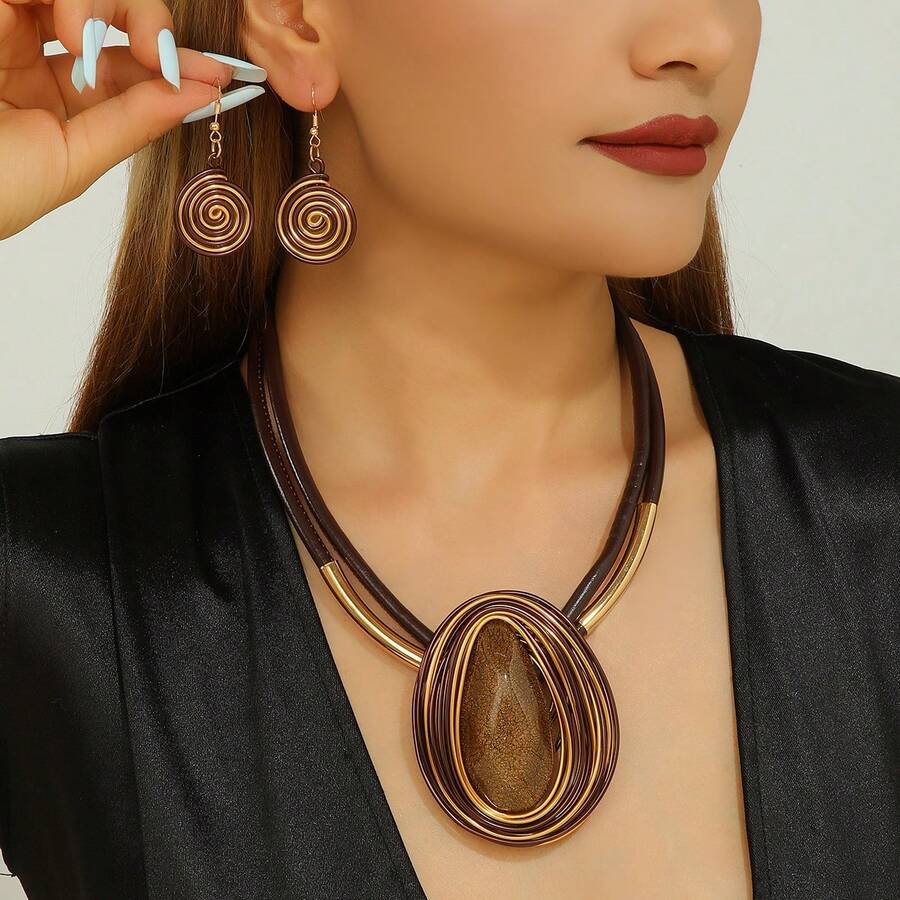 Vintage Fashion Exaggerated Water Drop Resin Colorful Necklace - Brown - View 1