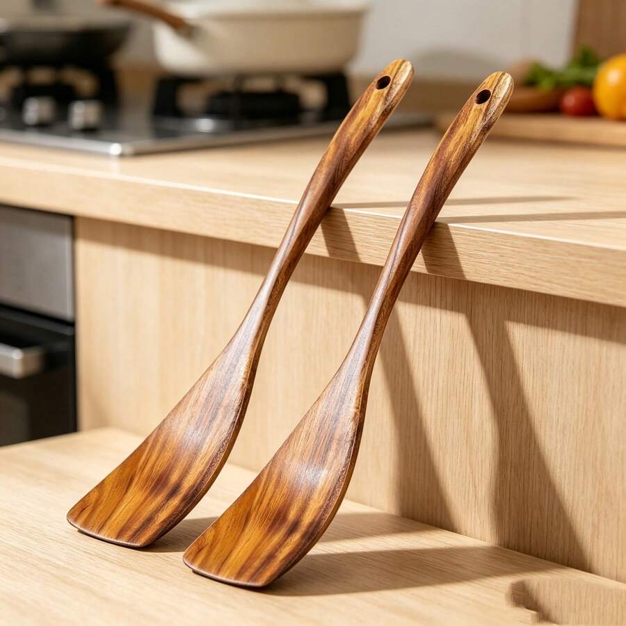 2 Pieces Olive Wood Cooking Stirring Spatula - Brown - View 1