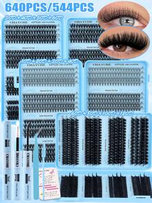 640/544/200 Clusters D Curl Individual Eyelashes High Capacity Fake Lashes Extensions Kit, Natural Thick Segmented Lash With Bond And Seal,Tweezers,Brush, Long Lasting Wispy False Lash Book Beginner Friendly, For Daily And Quick Makeup, Easy To Use - Baby Blue - View 2
