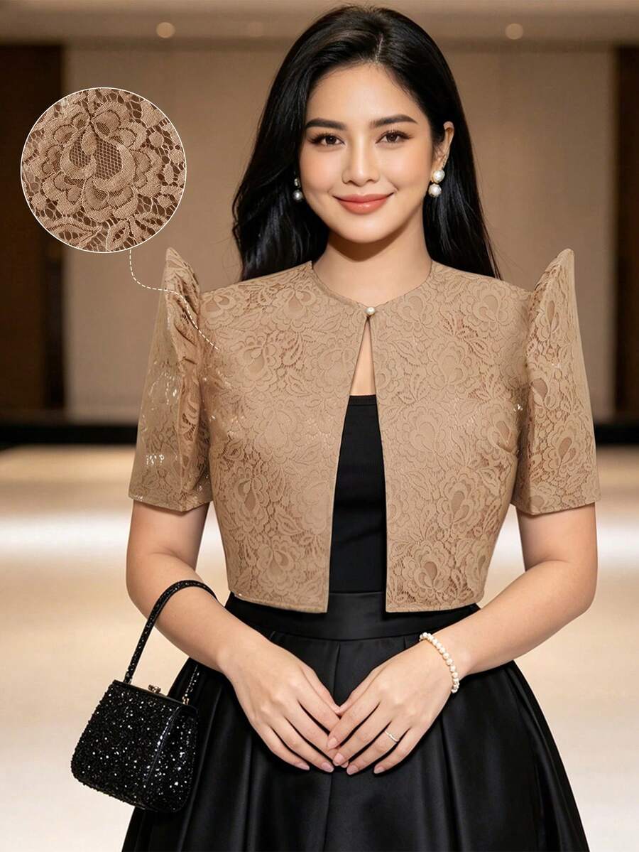 蝴蝶袖 Filipiniana 風格女款優雅時尚蕾絲泡泡短袖上衣,Filipiniana 靈感上衣 - 咖啡棕 - 查看 1