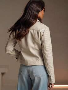 Giolshon Women's PU Motorcycle Jacket, Streetwear Design, With Zipper Pockets, Suitable For Urban Commute And Travel, Balancing Style And Practicality, Suitable For Spring - Beige - View 9