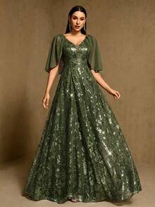 XUCTHHC Elegant Party High-Quality Sequin V-Neck Ruffle Sleeve A-Line Formal Ball Gown, Evening Dress, Wedding Guest, Graduation, Holiday, Autumn/Winter - Olive Green - View 8