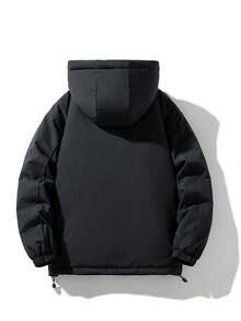 Men's Outdoor Zipper Drawstring Hooded Padded Coat, Casual Outdoor Winter Coat With Zipper Pockets, Men's Jacket - Black - View 5