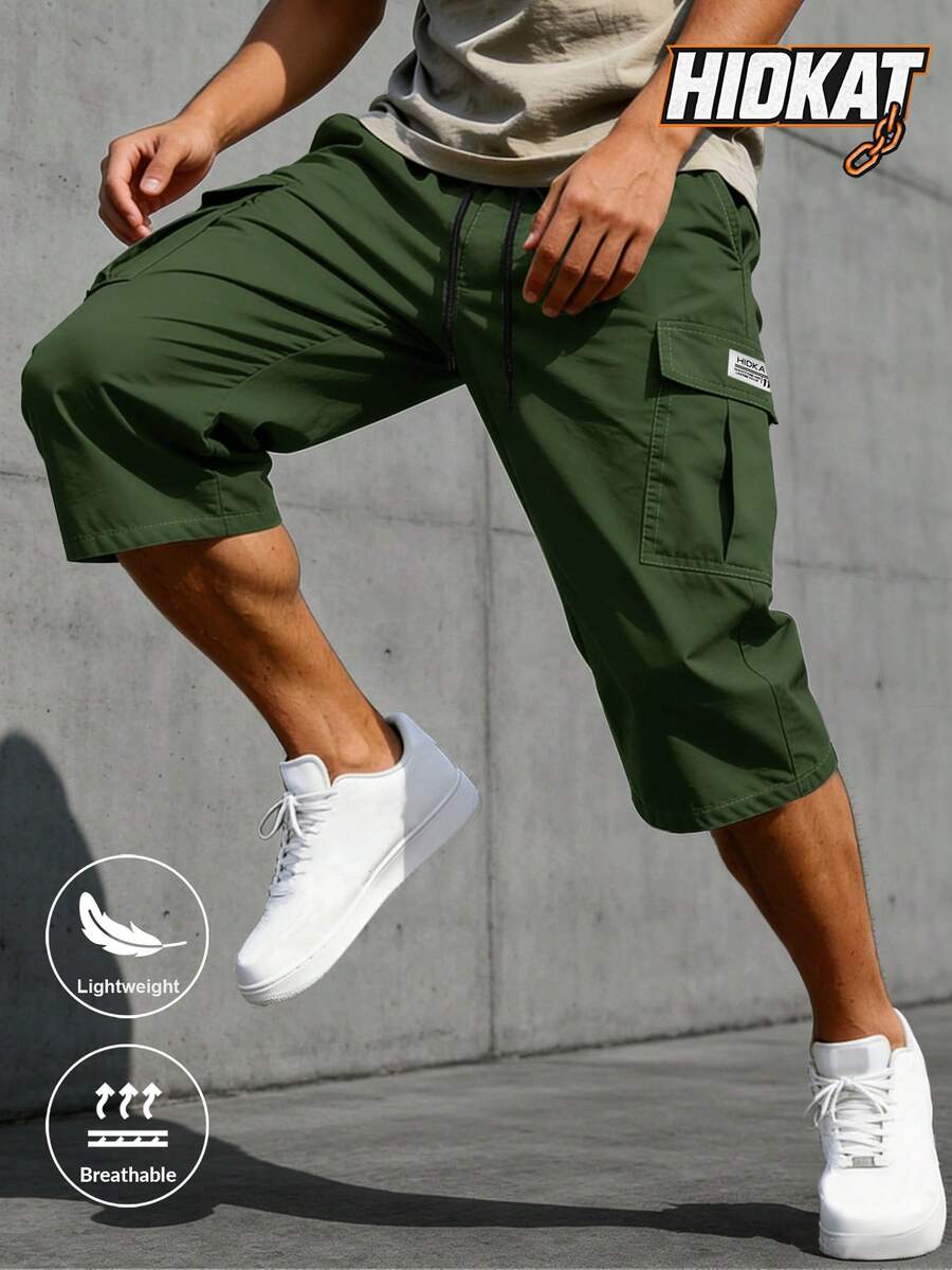 Hidkat Men's Summer Thin Cargo Capris, Drawstring Waist, Large Cargo Pockets, Fashionable And Versatile, Suitable For Daily Casual And Outdoor Hiking Wear