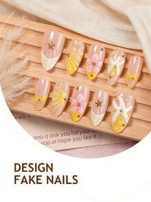10pcs Short Almond-Shaped Press-On Nails, Fantasy Style Nail Art Stickers For Girls And Women: Cute Pink Starfish, White Seashell, Shiny Gold Star And Pearl, Transparent And Pink Translucent Base | Beach Vacation And Wedding Nail Art - Yellow - View 1