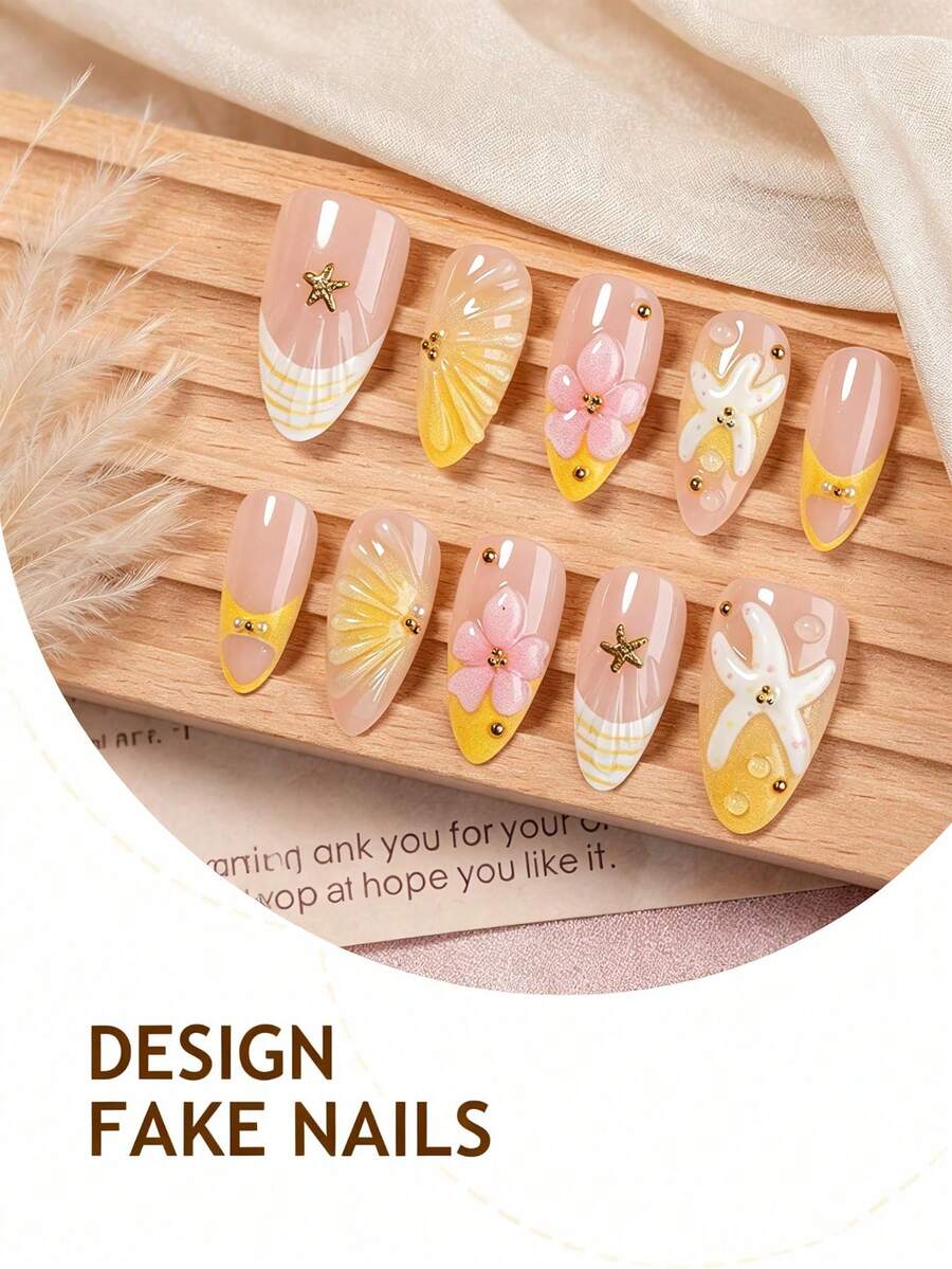 10pcs Short Almond-Shaped Press-On Nails, Fantasy Style Nail Art Stickers For Girls And Women: Cute Pink Starfish, White Seashell, Shiny Gold Star And Pearl, Transparent And Pink Translucent Base | Beach Vacation And Wedding Nail Art - Yellow - View 1