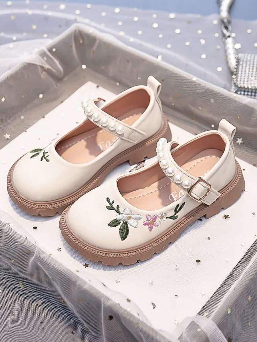 1 par de zapatos bordados estilo chino para niñas, zapatos vintage adecuados para uso diario, actuaciones, combinar con hanfu, para niños de 3 a 12 años - Beis - Ver 1
