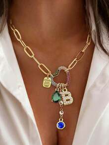 1pc Gold Letter Necklace, Luxury Heart-Shaped Lock With Lock And Green Diamond Pendant Necklace, Exquisite Holiday Party Gift For Women - Yellow Gold - View 20
