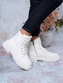 Sepatu bot wanita model rendah, warna polos, bertali, dengan lubang tali logam dan ritsleting samping, sepatu bot pergelangan kaki hangat dan modis untuk musim gugur/musim dingin. - Krem - View 6