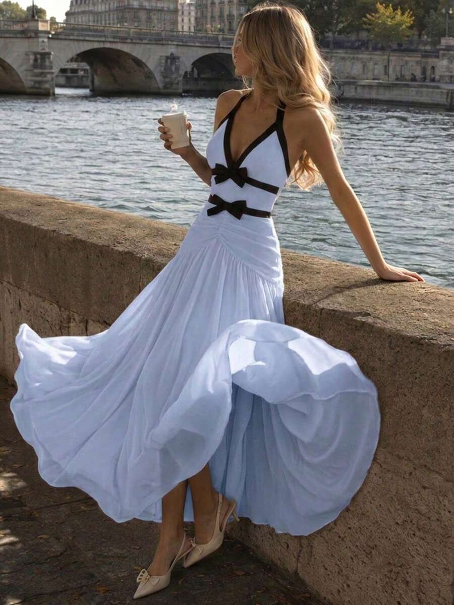 女款藍色甜美風黑色對比蝴蝶結掛脖V領抓褶百褶綁帶長洋裝,適合夏季秋季婚禮賓客、返校舞會、雞尾酒會、生日派對 - 淺藍色 - 查看 1