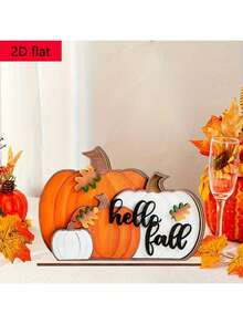 1pc "Hello Autumn" Pumpkin Wooden 2D Flat Desktop Decor, Farmhouse Harvest Symbol, Decorated With Autumn Leaves And Berries, Suitable For Tabletop Decoration, Party Decor, Halloween Decor, Christmas Decor - Multicolor - View 6