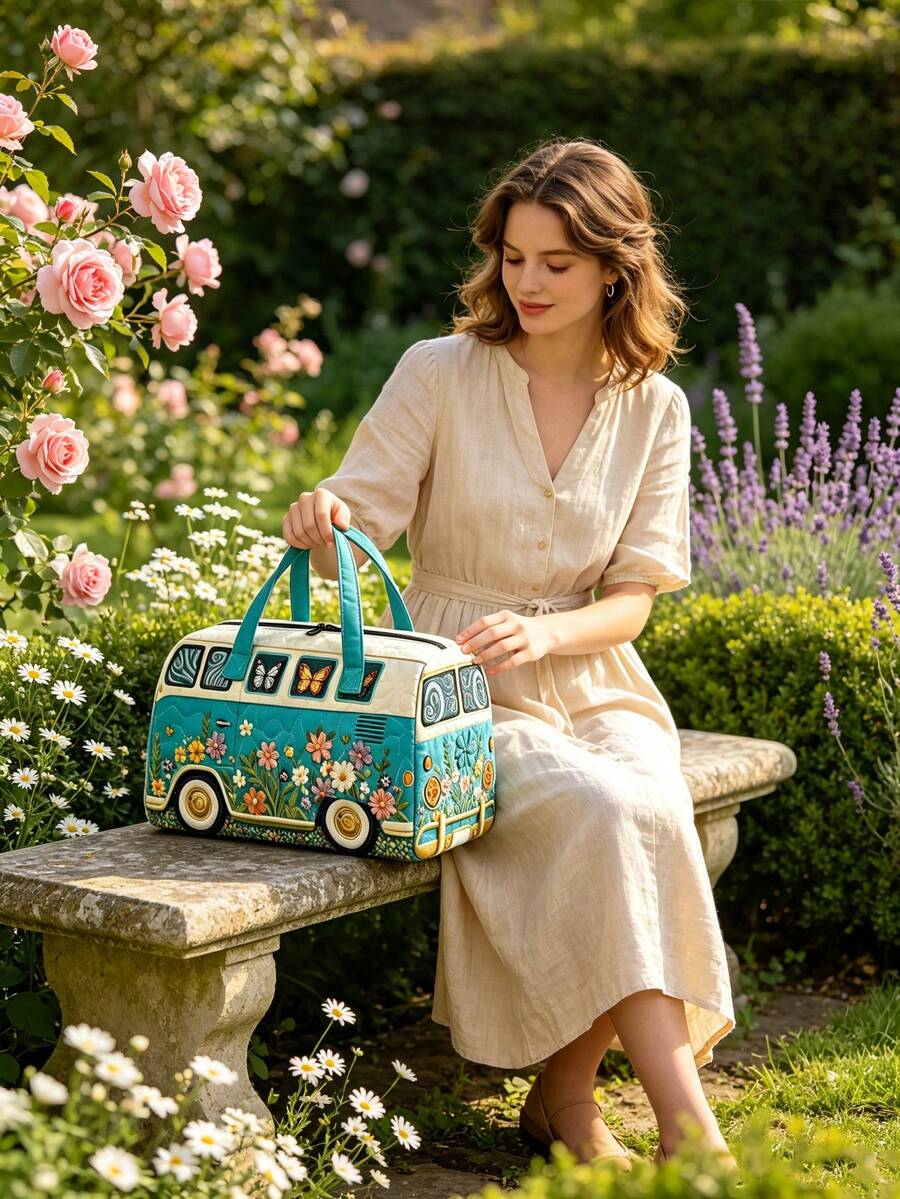 1pc Floral Bus Travel Storage Bag, Foldable Storage Bag, Multi-Functional Storage Bag, Butterfly Floral Bus Pattern Design, Simple And Fashionable. Large Capacity Tote Bag Style, Suitable For Outdoor, Travel, Gym, Dorm Storage, Holiday Gift, Travel Bag, Toiletry Bag, Makeup Bag, Travel Essential, Back To School, Halloween, Gift Essential, Home Storage Essential - Multicolor - View 1