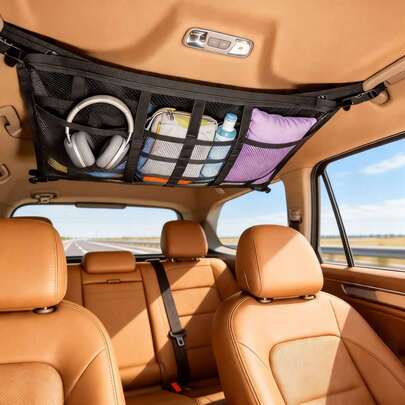 Car Overhead Mesh Storage Net For SUV Ceiling, 3 Reinforced Hook-Loop Straps & 3 Extra Pockets For Tissue Glasses Wallet, Quick No-Drill Hanging Interior Organizer, Road Trip Car Camping Essential 66CM Straps