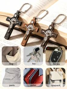 Vintage Wooden Cross Keychain, Religious Pendant, Easter Bag Charm, Key Ring Accessory, Gift Box Decoration, Christian Gift - Multicolor - View 10