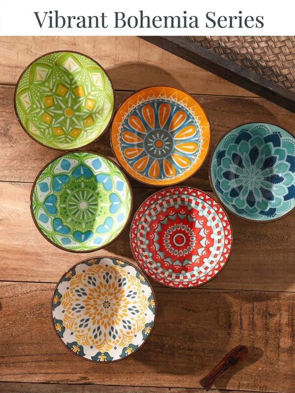 6pcs 4.72-Inch Glazed Ceramic Bowl Set, Bohemian Style Ceramic Bowls, Cereal Bowl, Soup Bowl, Dessert Bowl, Salad Bowl, Rice Bowl, Dishwasher/Oven/Microwave Friendly, Multi-Functional Kitchen & Dining Ware,School Supplies