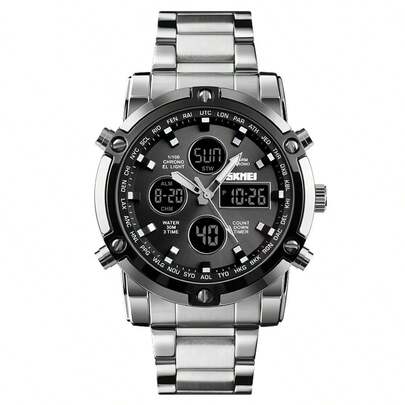 Relógio Eletrônico Masculino SKMEI 1389SIBK Duplo Visor, Caixa Prata e Mostrador Preto