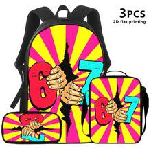 Conjunto de 3 piezas: Mochila, bolso de hombro y estuche. Características: Rojo/Azul intenso '6' y '7' sostenidos por manos contra un fondo de ráfaga solar rosa/amarillo. Diseño moderno y vibrante, ideal para desplazamientos diarios, viajes o uso en el lugar de trabajo/estudio por adultos. - 3 piezas - Ver 1