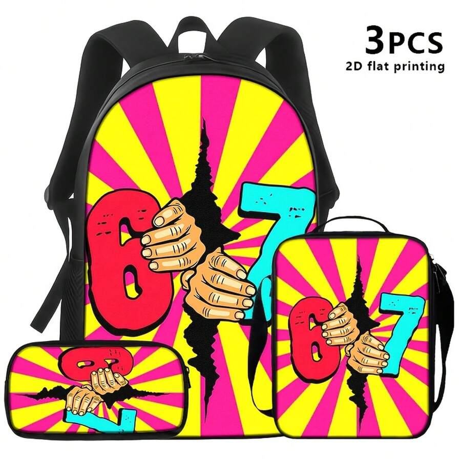 Conjunto de 3 piezas: Mochila, bolso de hombro y estuche. Características: Rojo/Azul intenso '6' y '7' sostenidos por manos contra un fondo de ráfaga solar rosa/amarillo. Diseño moderno y vibrante, ideal para desplazamientos diarios, viajes o uso en el lugar de trabajo/estudio por adultos. - 3 piezas - Ver 1
