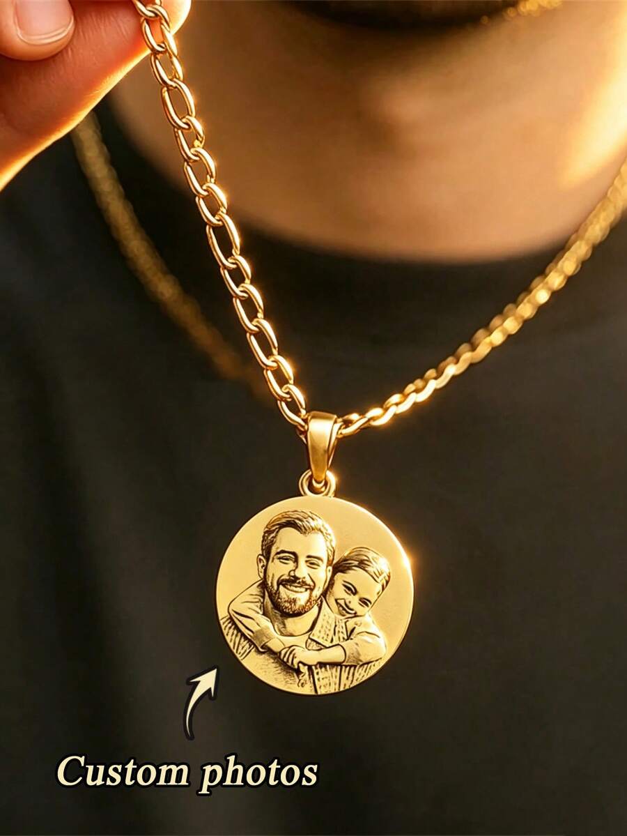 1pc Stainless Steel Customized Round Engraved Photo Pendant Necklace, Customized Parents, Couples And Children Photo Necklace, Family Memorial Gift, Perfect Birthday Celebration, Fashionable Versatile Necklace, Customized Photo Necklace, Mother's Day Gift, Easter Gift, Customized Gift, Personalized Necklace, Father's Day Gift - Multicolor - View 1