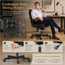 Home Office Desk Chair, Ergonomic Leather Computer Chair With Wheels And Oak Armrests, Height-Adjustable Swivel Executive Chair WL - 黑色 + 真皮 - 查看 5