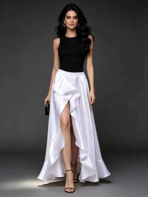 1pc Fashion Dance Long Skirt Women's Satin Double Slit Puff Skirt Belly Dance Flamenco Rock