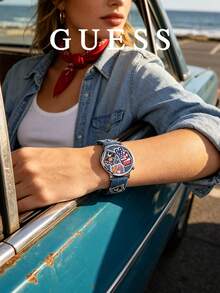 GUESS Casual Analog Wristwatch, Seiko Y121 Quartz Movement, Vintage Denim Fashion Gift Watch For Men & Women, V1004M1 - Silver - View 3