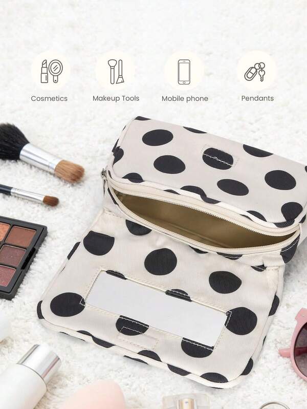 Black And White Polka Dot Makeup Bag With Built-In Mirror, Polka Dot Bow And Faux Pearl Decor, Portable Touch-Up Bag, Large Capacity Cosmetic Organizer, Travel Multi-Layer Wallet Storage Bag, Vintage Classic Polka Dot Canvas Storage Bag, Can Hold Lipstick, Makeup Brushes, Skincare Products, Hair Accessories And Small Daily Essentials, Portable Lightweight Travel Toiletry Bag, Gift For Friends, Family, Best Friends, Classmates And Wedding (Bridesmaids), Birthday, Holiday, Party, Graduation, Back To School, Teacher's Day