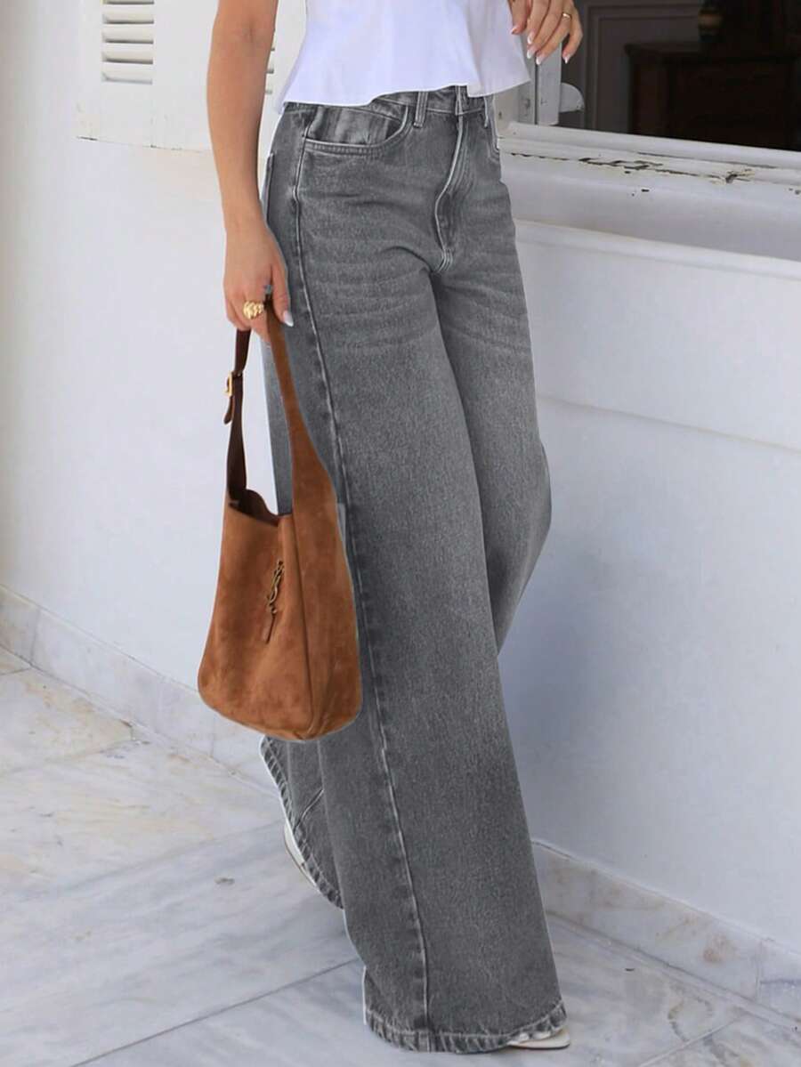 女款寬鬆直筒灰色牛仔褲,附口袋,適合春/秋/夏,極簡休閒淺/深色水洗設計,波希米亞優雅風,適合 E - 淺灰色 - 查看 1