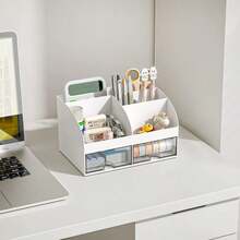 1pc Desktop Organizer With 6 Compartments And 2 Drawers, Plastic Makeup Organizer, Desktop Pen Holder, Suitable For School, Home, Office Supplies Desktop Organization - Multicolor - View 4