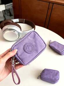 1pc Minimalist Soft Nylon Rectangular Mini Coin Purse, Embossed Logo, Zipper With Wrist Strap, Portable Card Cash Storage Pouch, Multi Pastel Colors Match Daily Outfits For Commute, Shopping, Daily Outdoor Use All Seasons - View 3
