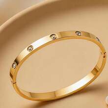 1Pc Best Minimalist Stainless Steel Charm Bangle, Round Rhinestone Inlaid, Anti-Fade Stackable Women Bracelet, Teacher Jewelry Gift For Back To School - Gold - View 6