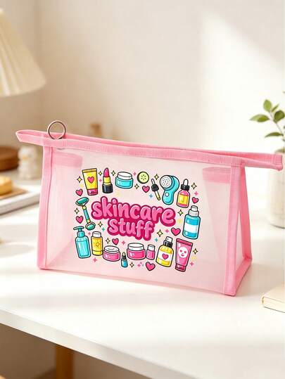 Mesh Makeup Bag With Cosmetic Mask Pattern, Featuring "Skincare Products" Letter Design, Multi-Functional Makeup Bag, Portable Storage Bag, Cosmetic Bag, Skincare Bag, Travel Essential, Dormitory Supplies, Bathroom Storage, Jewelry Storage, Lip Gloss And Cosmetic Storage Bag, School Supplies Bag, Makeup Bag Holiday Essential, Cosmetic Storage, Wedding Bride Gift, Mother's Day Gift, Birthday Gift, Gift For Friends And Teachers